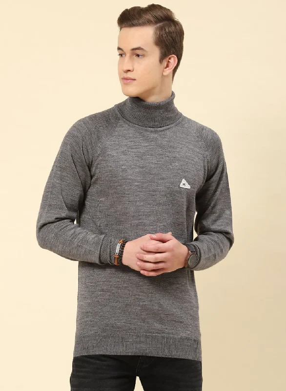 Practical Men's Water-Resistant HoodiesMen Grey Solid Blend wool Pullover