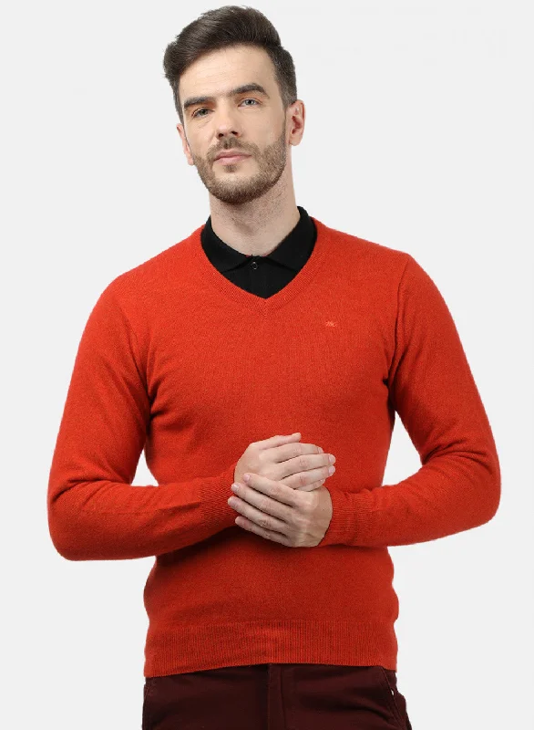 Men's Sweaters with Fold-Over CuffsMen Orange Solid Pullover