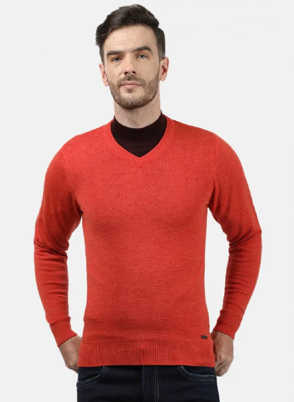 Men's Sweaters with Elastic CuffsMen Orange Solid Pullover