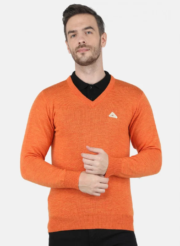 Men's Sweaters with Low-Neck DesignsMen Orange Solid Sweater