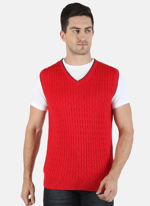 Men's Sweaters with Ribbed HemsMen Red Self Sweater