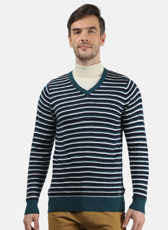 Men's Sweaters with Checkerboard PatternsMen Sea Green & NAvy Solid Pullover