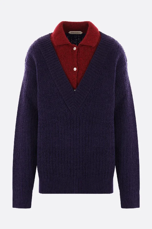 Fitted Men's Slim-Fit Sweatersmohair wool V-neck sweater with polo detail