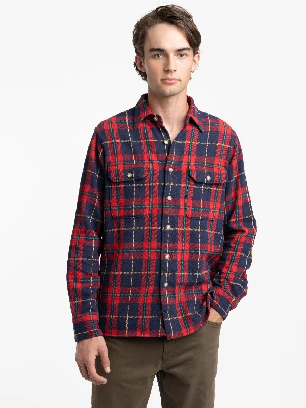 Men's Pattern-Clashing Shirts for Bold FashionRed/Navy Classic Fit Suede-Patch Plaid Workshirt