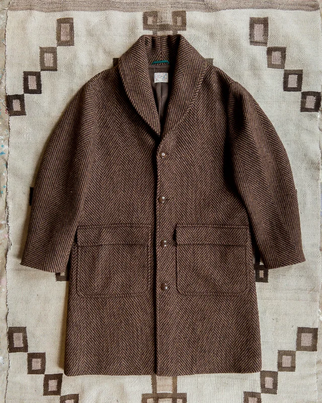 Men's Coats for Rainy WeatherShawl Collar Wool Overcoat - Rust and Dark Brown Herringbone