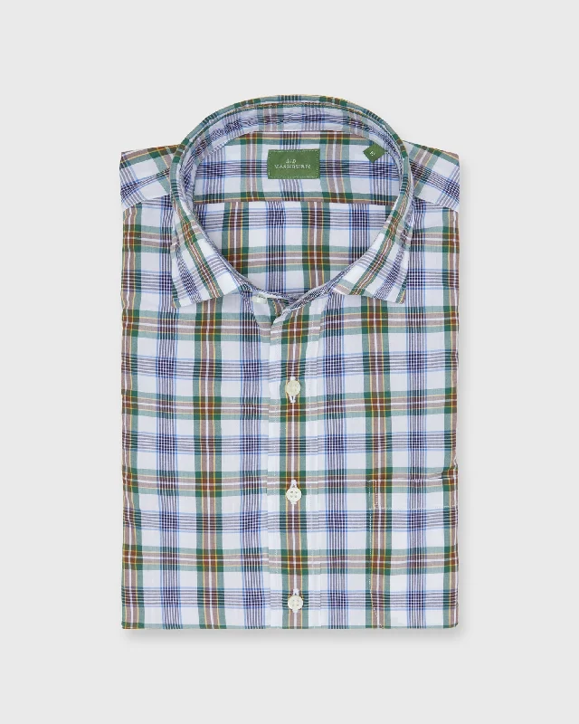 Men's Patterned Dress Casual Shirts for Smart-Casual EventsSpread Collar Sport Shirt in Green/Brown/Blue Plaid Poplin