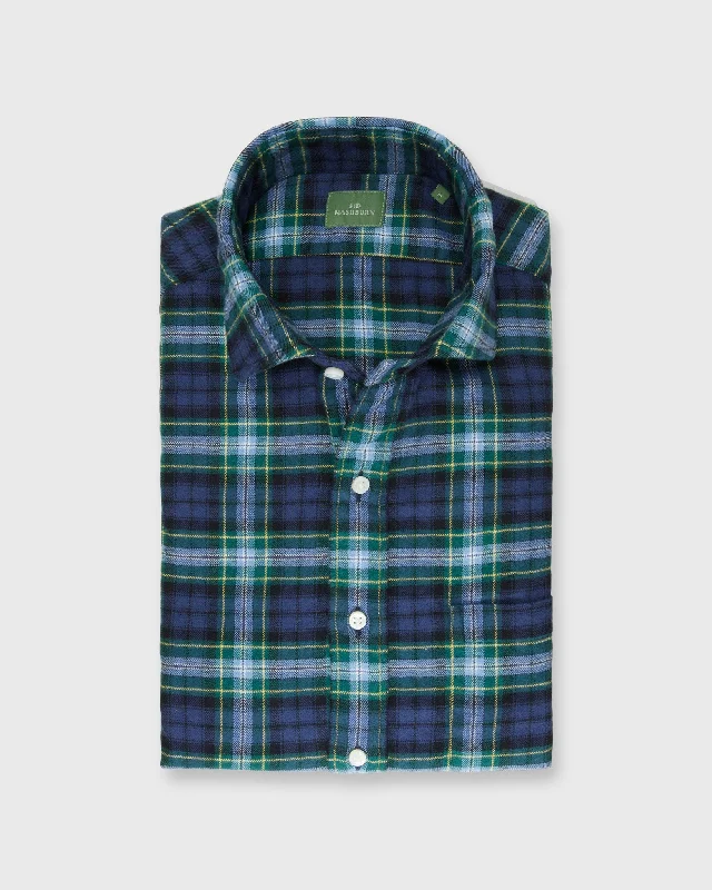 Men's Polo Shirts for Sports and Casual WearSpread Collar Sport Shirt in Navy/Blue/Yellow Tartan Flannel