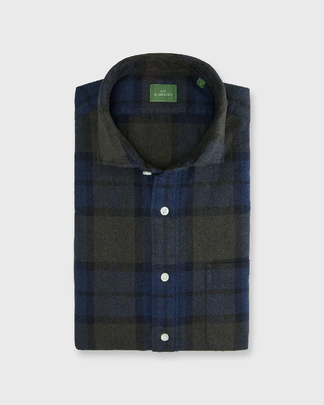 Men's Geometric Print Shirts for a Modern TwistSpread Collar Sport Shirt in Olive/Blue/Navy Plaid Brushed Twill