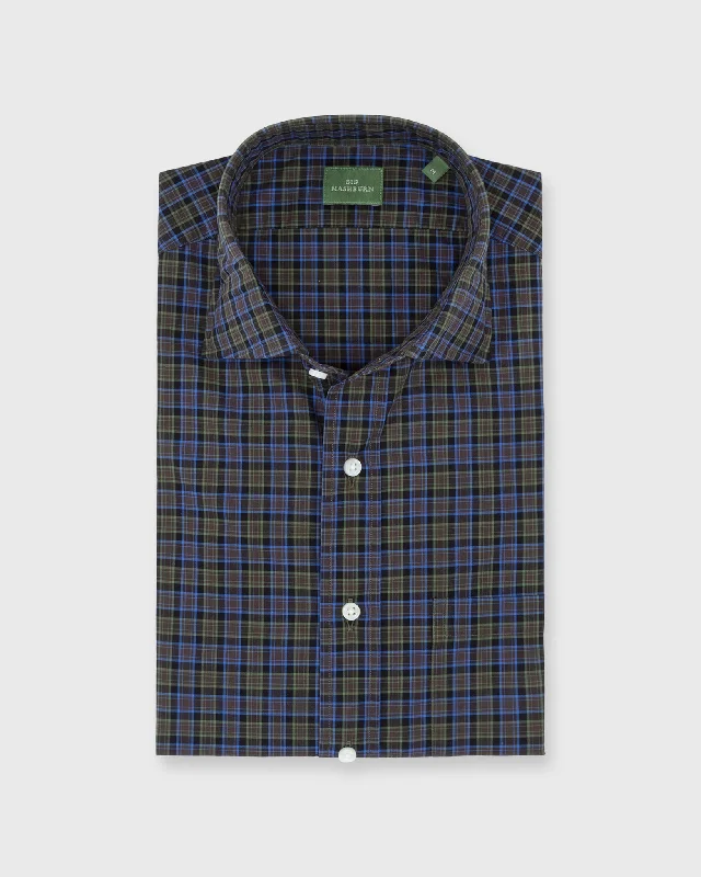 Men's Minimalist Shirts for a Clean LookSpread Collar Sport Shirt in Olive/Blue/Navy Plaid Poplin