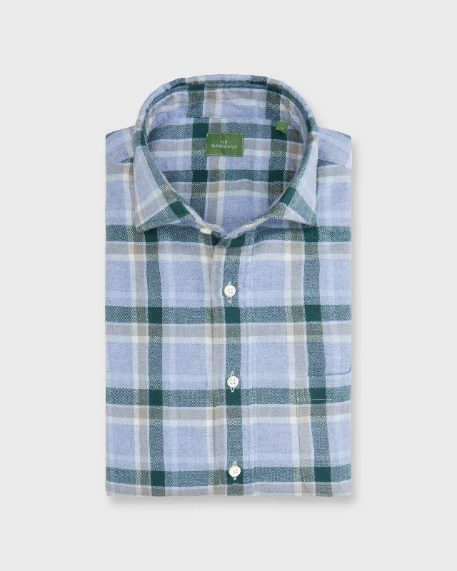 Men's Essential Dress Shirts for Everyday WearSpread Collar Sport Shirt in Sky/Pine/Stone Plaid Brushed Twill