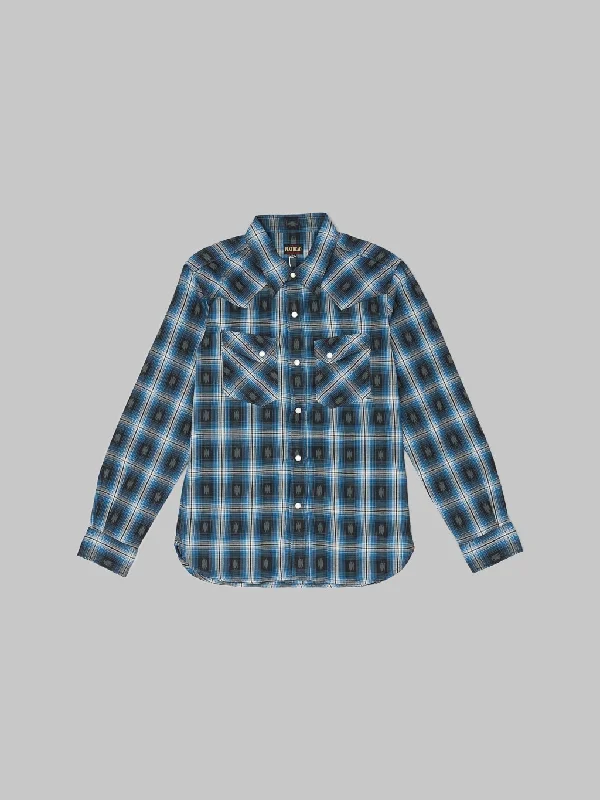 Men's Solid-Colored Shirts for VersatilityThe Flat Head Native Check Western Shirt Sax Blue