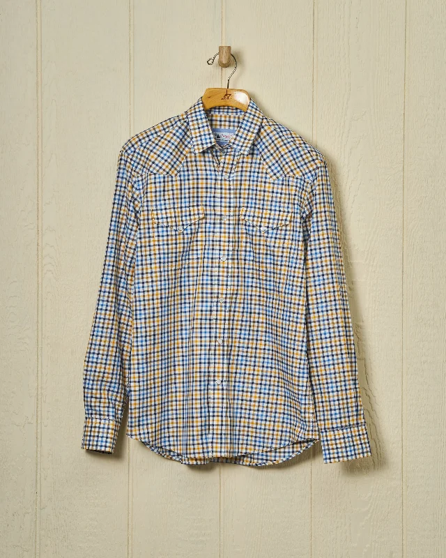 Men's Collared Shirts for Formal OccasionsWestern Sea-Washed Shirt in Blue/Mustard Gun Check