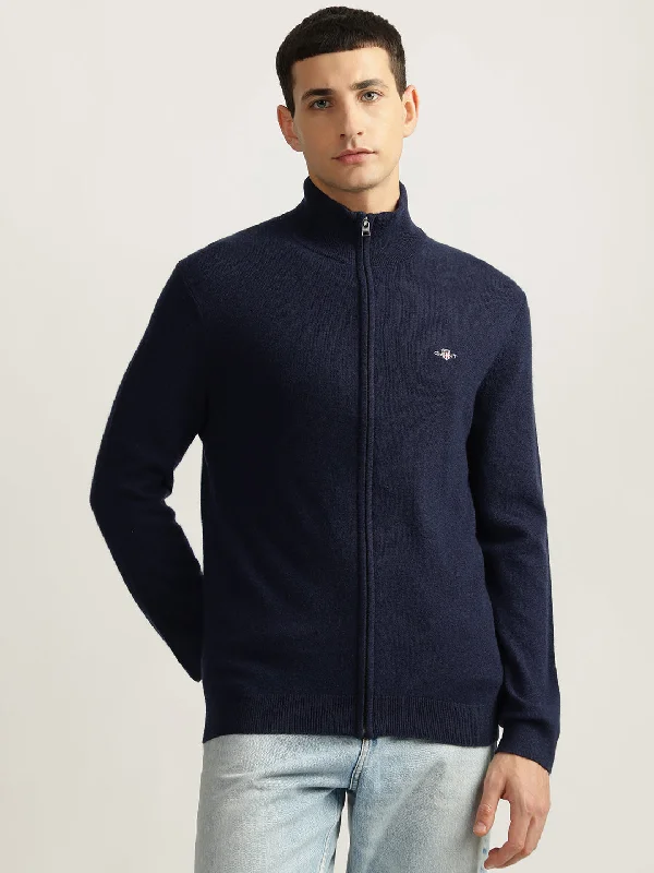 Striped Men's SweatersGant Men Navy Blue Solid High Neck Full Sleeves Sweater