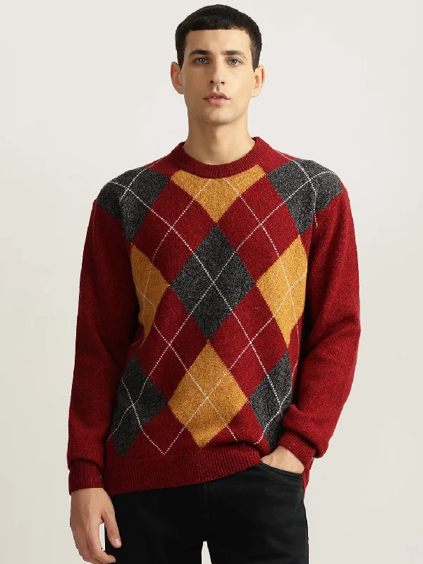 Solid-Colored Men's SweatersGant Men Red Checked Round Neck Full Sleeves Sweater