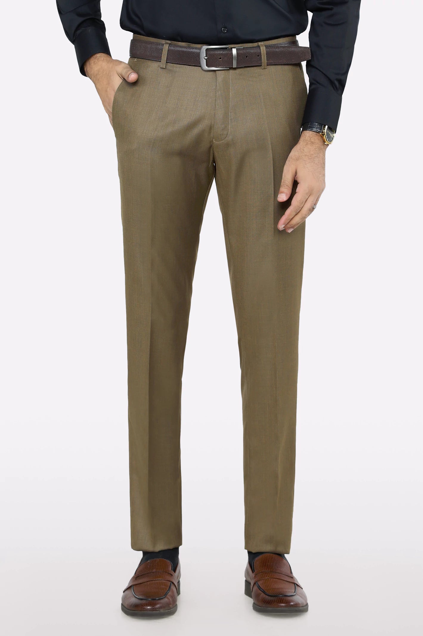 Men's Pants with Button-CuffsDark Brown Slim Fit Formal Trouser