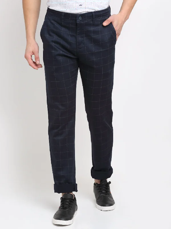 Men's Pants with Deep PocketsMen's Casual Flat front Navy Blue Checks Trousers