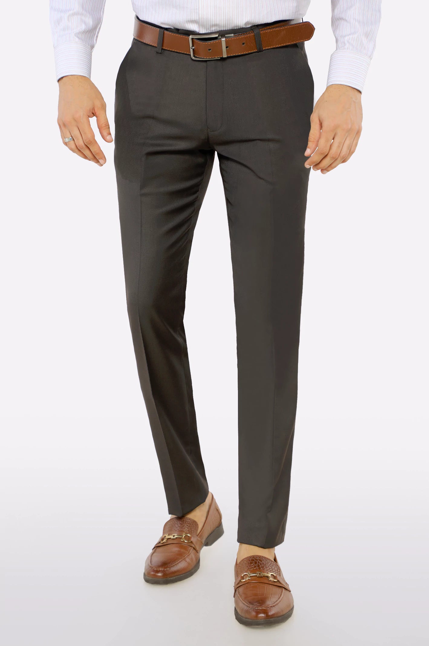 Men's Pants with Cargo PocketsDark Brown Slim Fit Formal Trouser