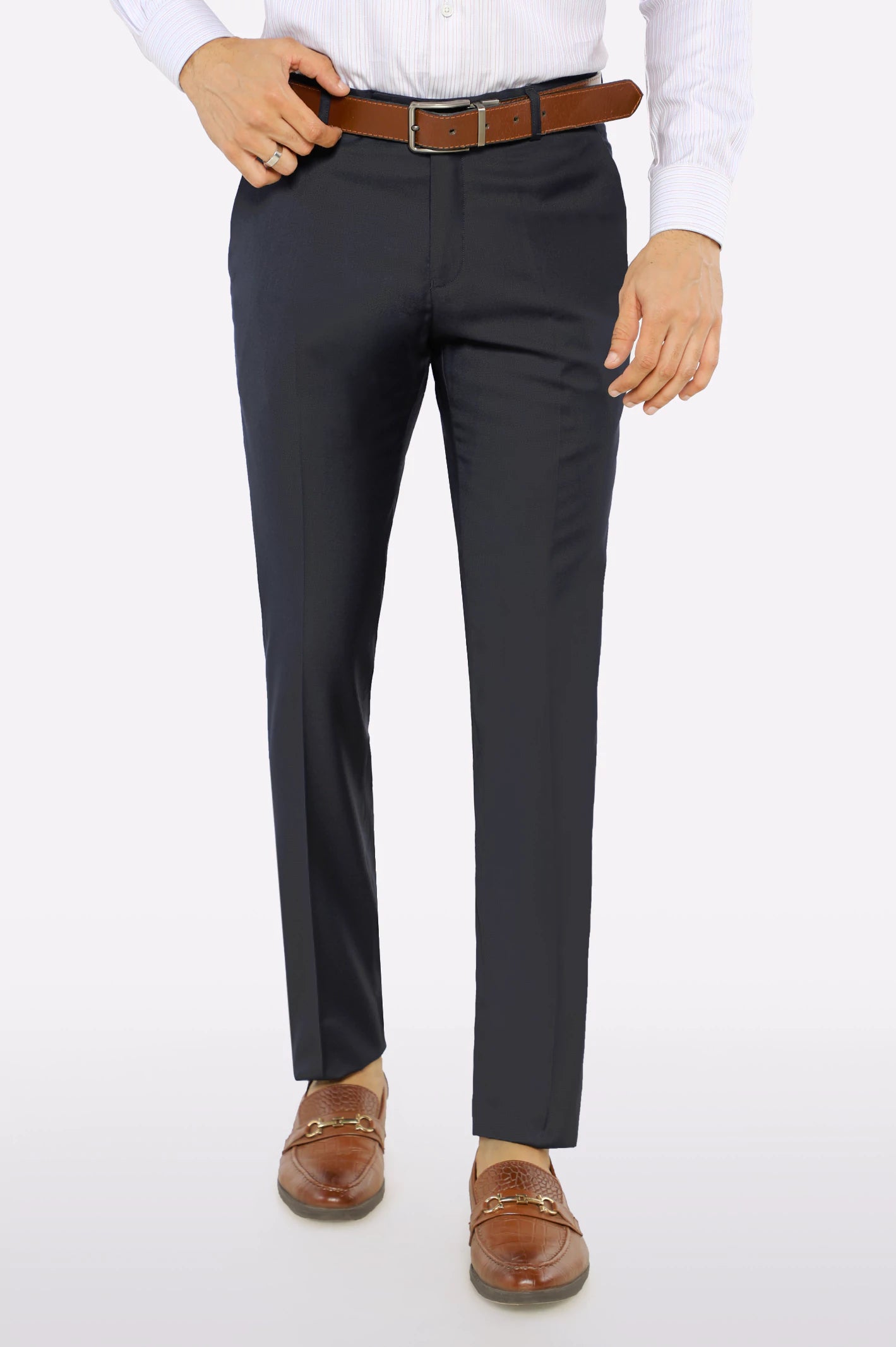 Men's Pants with Contrast StitchingNavy Blue Slim Fit Formal Trouser