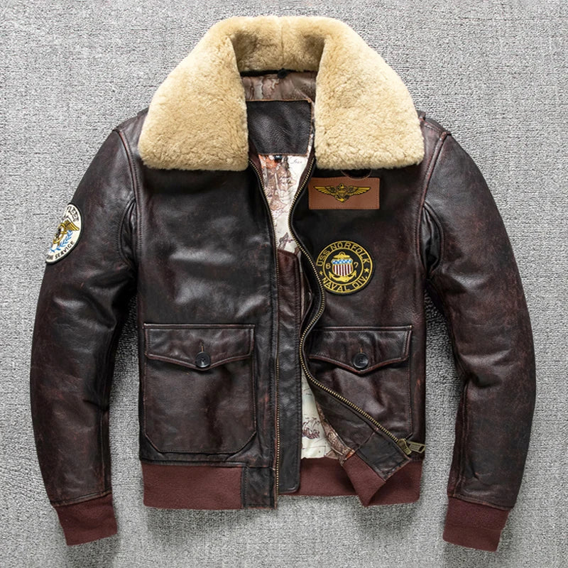 Lightweight Men's WindbreakersMen's Brown Genuine Cowhide Leather Fur Collar Military Style Winter Jacket