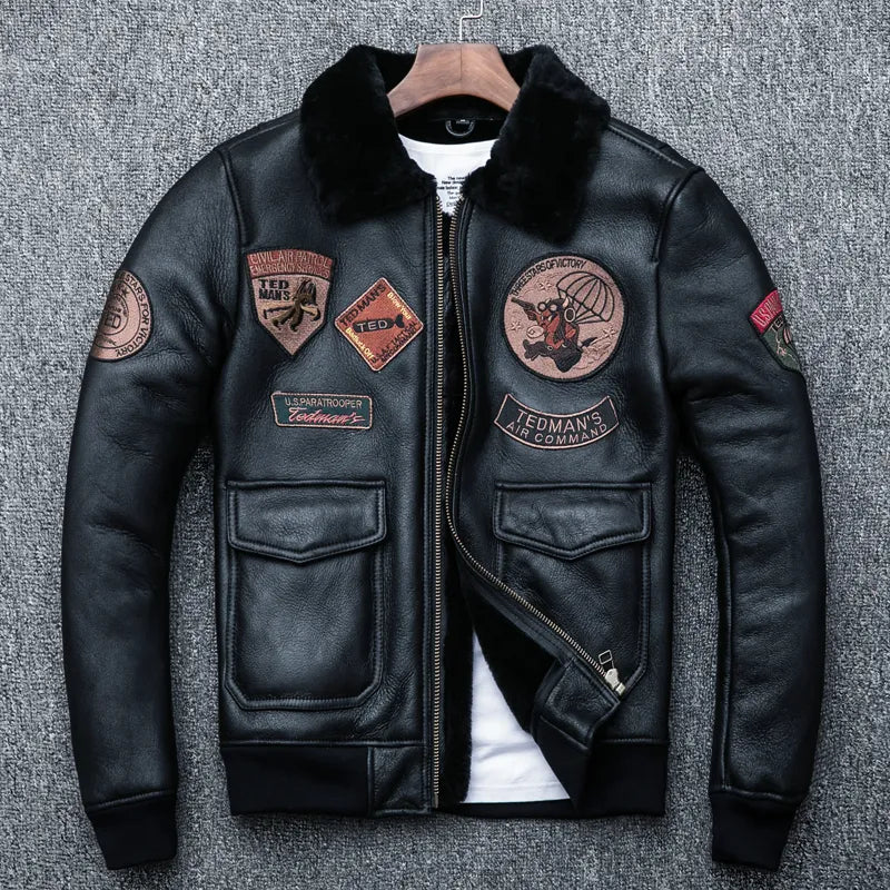 Men's Coats for Winter SportsMen's Fur Collar Genuine Leather Embroidered Slim Fit Winter Jacket