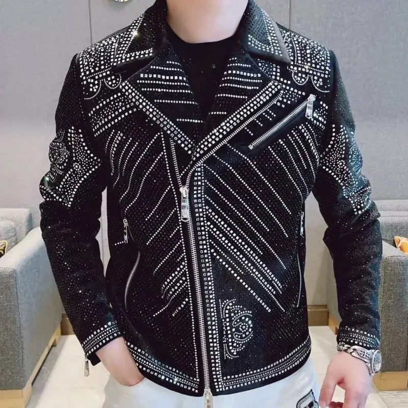 Men's Coats with Synthetic InsulationMen's Luxury Rhinestone Diamond Punk Style Slim Fit Streetwear Jacket