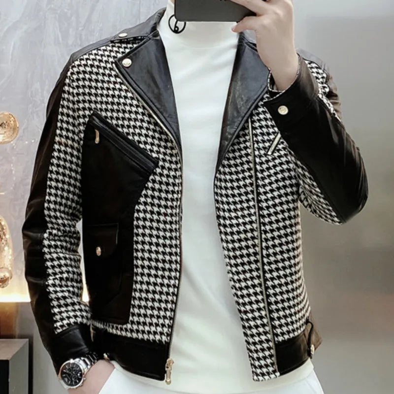 Men's Coats for Formal EventsMen's Vintage Casual Polyester Lattice Printed Lapel Motorcycle Jacket