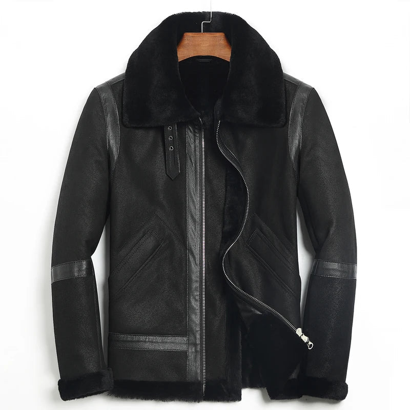 Men's Coats for Skinny MenMen's Winter Real Sheepskin Turn-down Collar Motorcycle Jacket