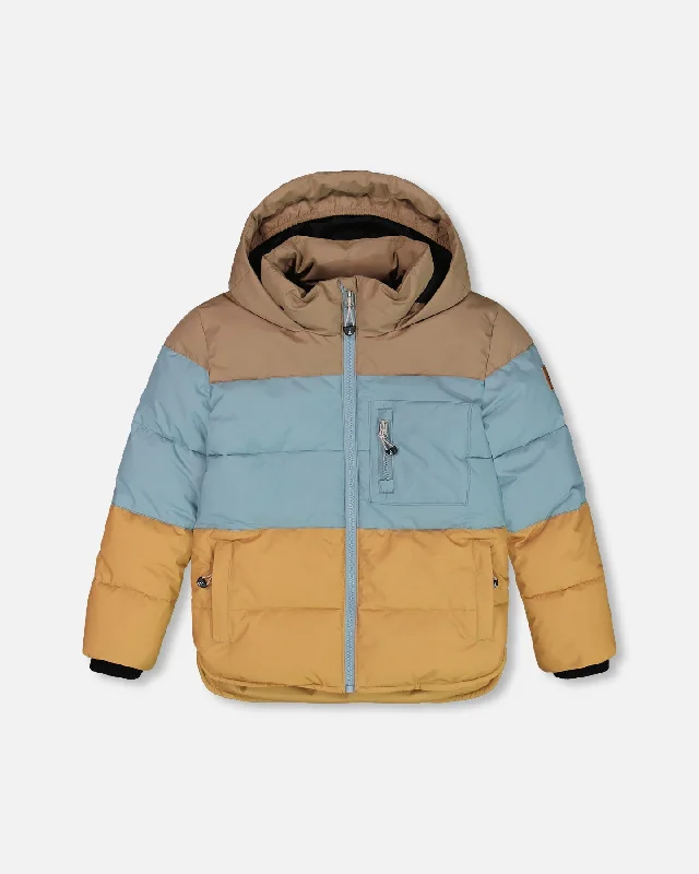 Men's Coats with Quilted LiningPuffy Jacket Taupe, Blue And Golden Brown